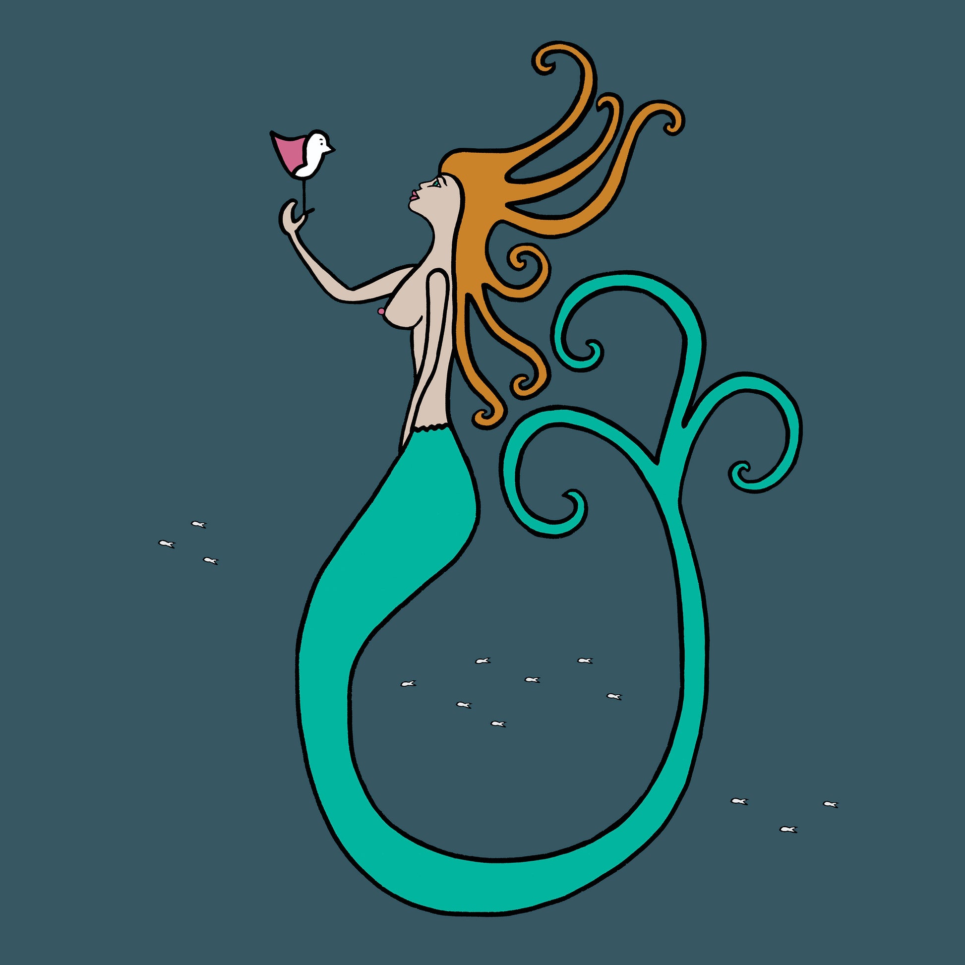 A mermaid with ginger hair and a long green tail is underwater surrounded by small little fishes. The background is teal and the mermaid is holding a pink winged seagull where they are looking at each other. The print is called mermaid kisses.