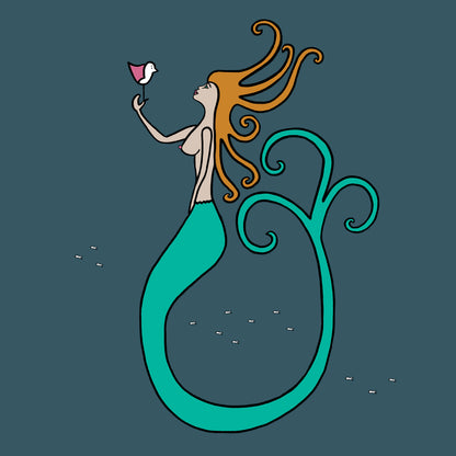 A mermaid with ginger hair and a long green tail is underwater surrounded by small little fishes. The background is teal and the mermaid is holding a pink winged seagull where they are looking at each other. The print is called mermaid kisses.