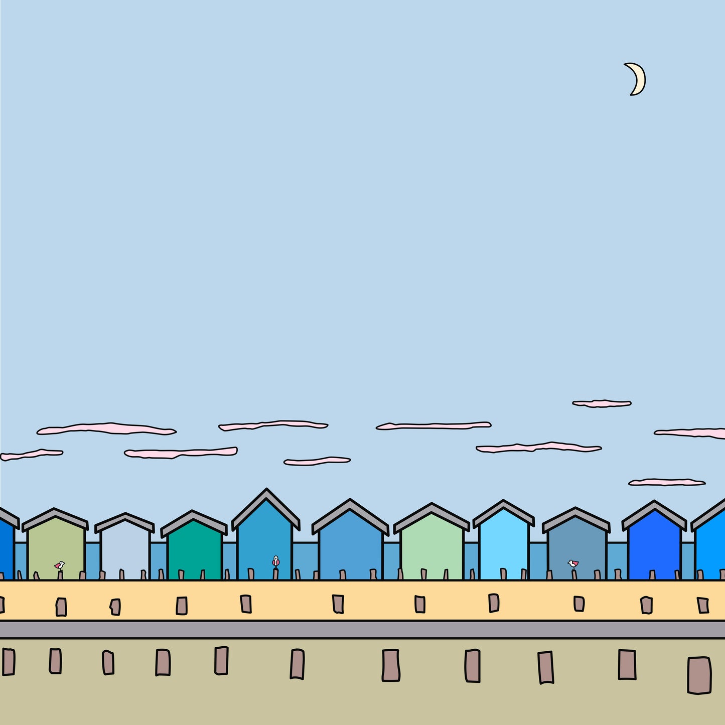 Multiple beach huts are in a row with groynes that have three small pink winged seagulls. The beach huts are in shades of greens and blues on a sandy beach and a strip of blue for the sea in the background. Above the beach hut are thin streaky clouds and above a large pale blue sky with a small half moon in the top right corner. All the details, colours and shapes are outlined in thick black.