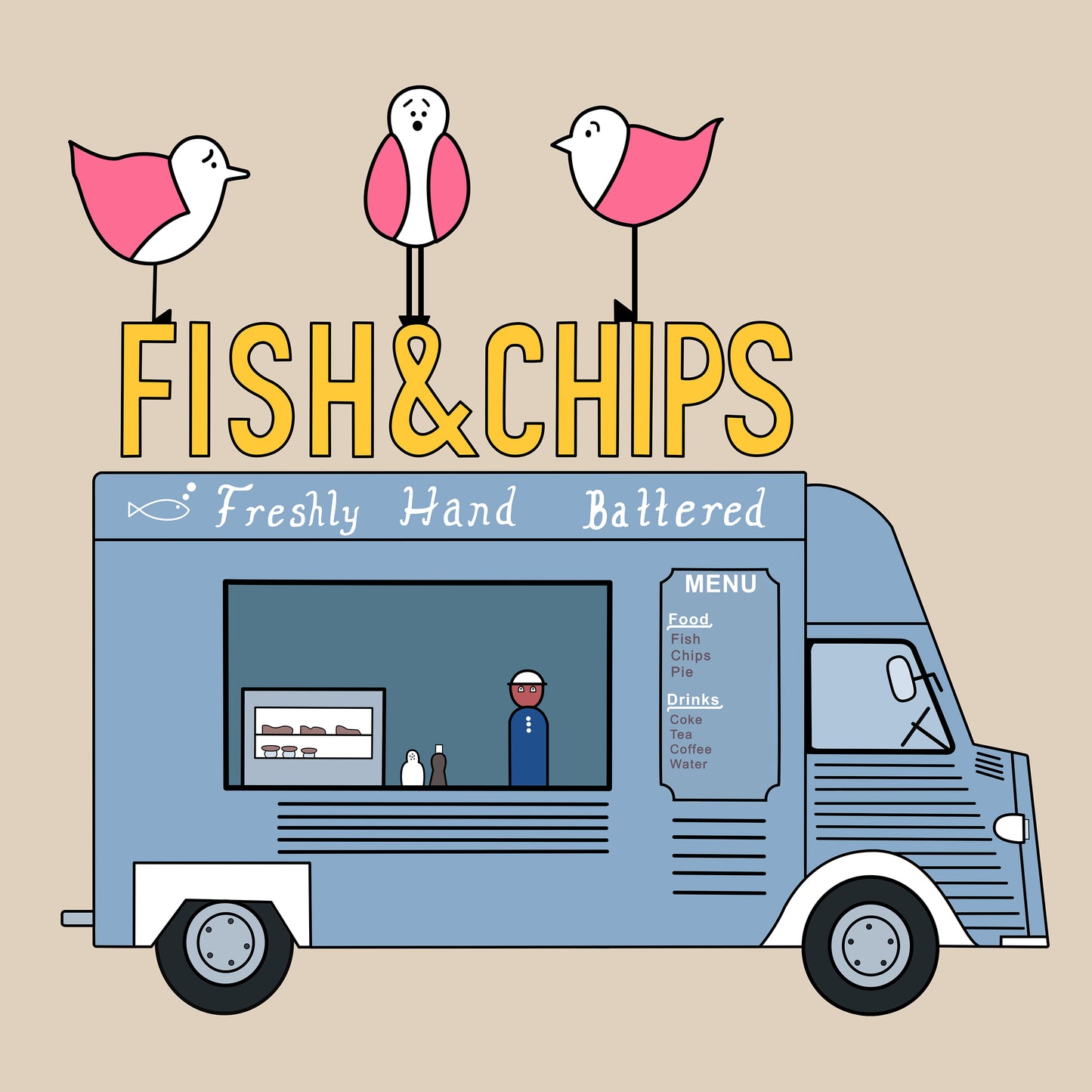 A grey van has a fish & chips sign in yellow on the roof with three pink winged seagulls perched on top. The van has freshly hand battered text in white with a menu and a small figure, salt and vinegar and battered foods on display. The background is a light beige colour.