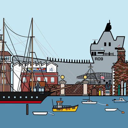 Detailed print of the dockyard main gate with boathouse 4 in the background. In front of the dockyard is the HMS victory with small fishing boats in the sea. In the far background is the Prince of Wales ship with a pale blue sky. There is also other small details of a british flag, sculpture, bollards and brickwork.