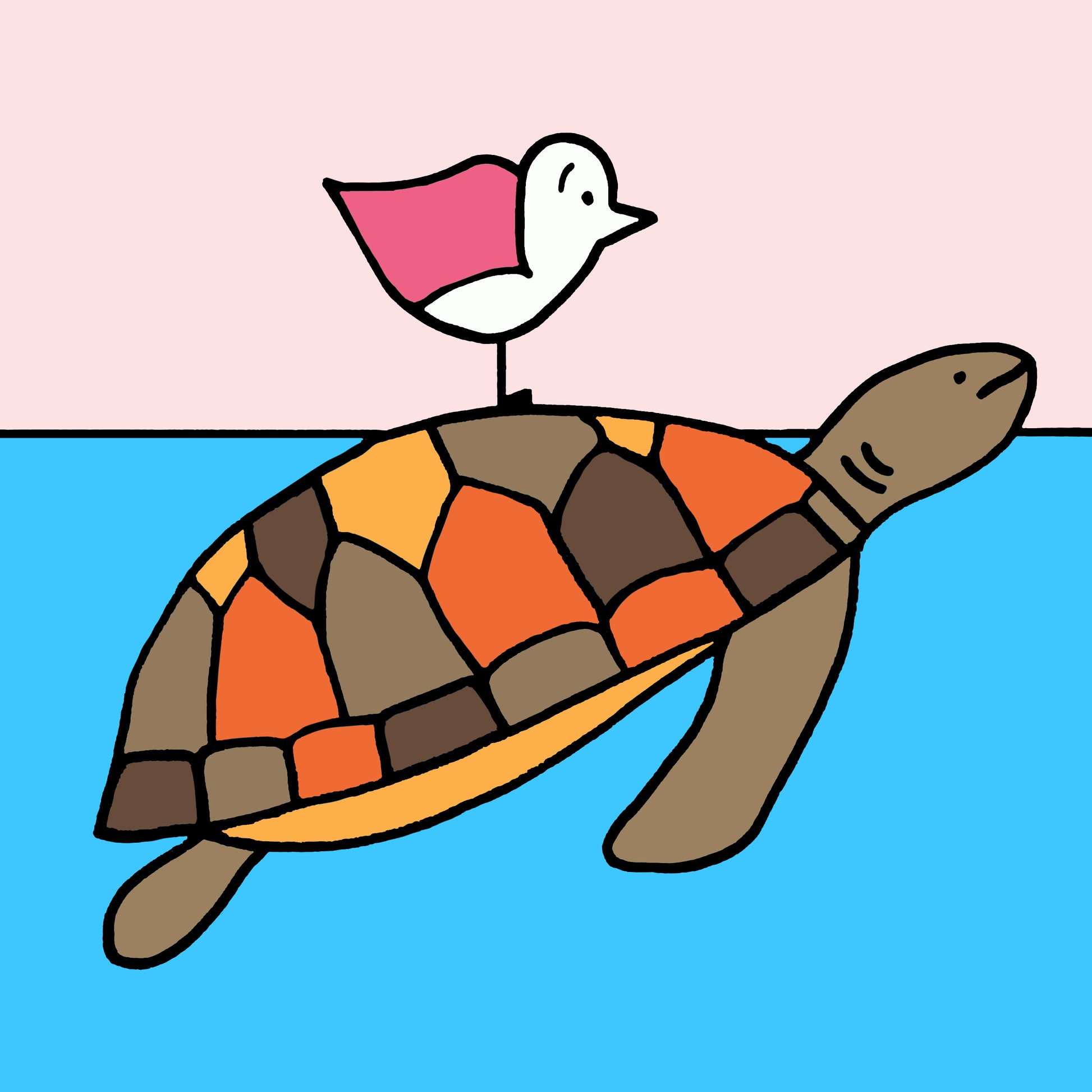 A turtle with orange, ochres and browns on it's shell. The turtle is swimming in bright blue aqua water with a pink winged seagull perched on its back. The sky is a pale pink and all the details and shapes are outlined in thick black. The print is called ride on time.