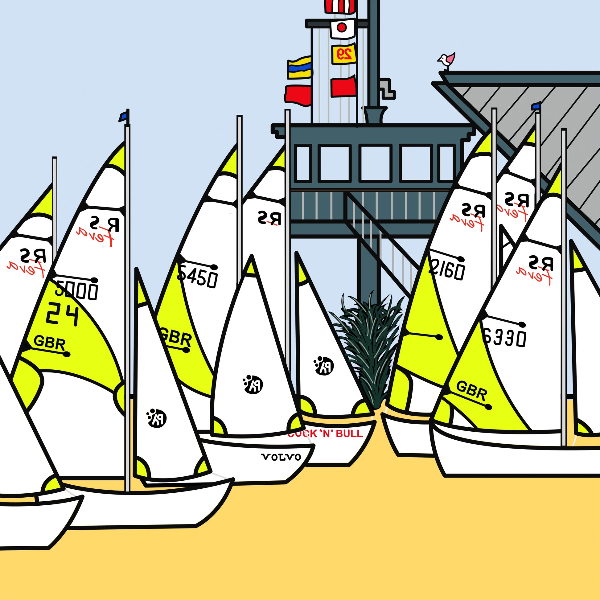 Six sailing boats with GBR are docked on a yellow sand coloured floor. In the background is a plant with wooden decking that has a pole of flags. There are steps leading up to the decked building and a small pink winged seagull is pearched on top of the wooden building.