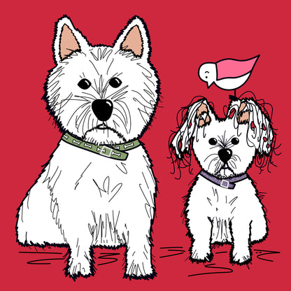 Two white dogs called Sammy and Tilly, one is small with floppy scruffy ears and the other slightly bigger with pointed ears. The dogs are sat down facing forward with a bright red background. The smaller dog has a pink winged seagull perched on its head looking down. The dogs are wearing collars one is green with dog bones and the other is purple with dots. 