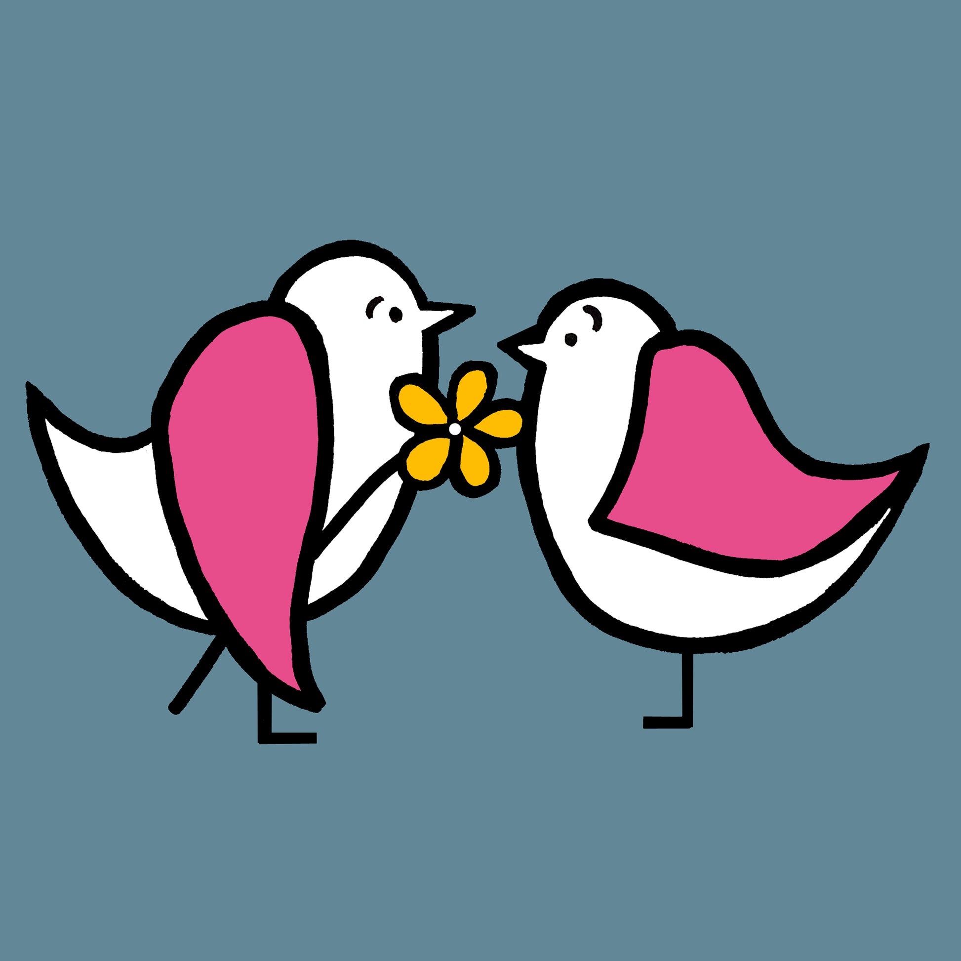 Original print called say it with flowers. Two pink winged seagulls are facing each other one is holding a yellow flower under its wing. The background is a blue teal.