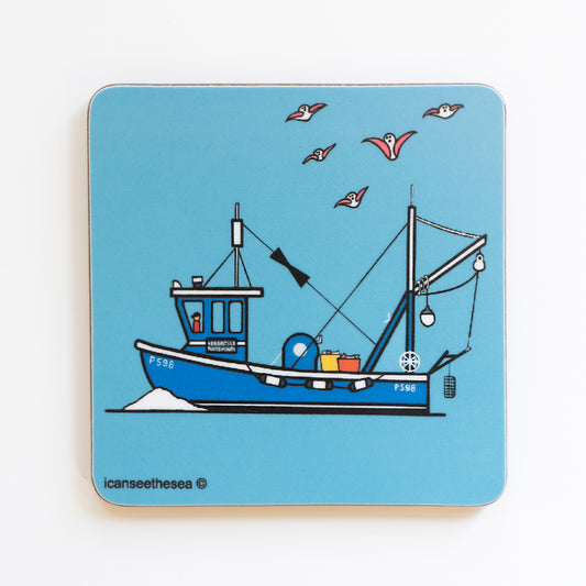 A coaster of a painting of a fishing boat. The background is blue with a bright blue fishing boat with a small figure at the front. The boat has yellow and red tubs full of fish, buoys, nets, floats and poles with ropes. Above the boat are five pink winged seagulls flying. The boat has numbers, and a white wave at the front showing its movement in the water.