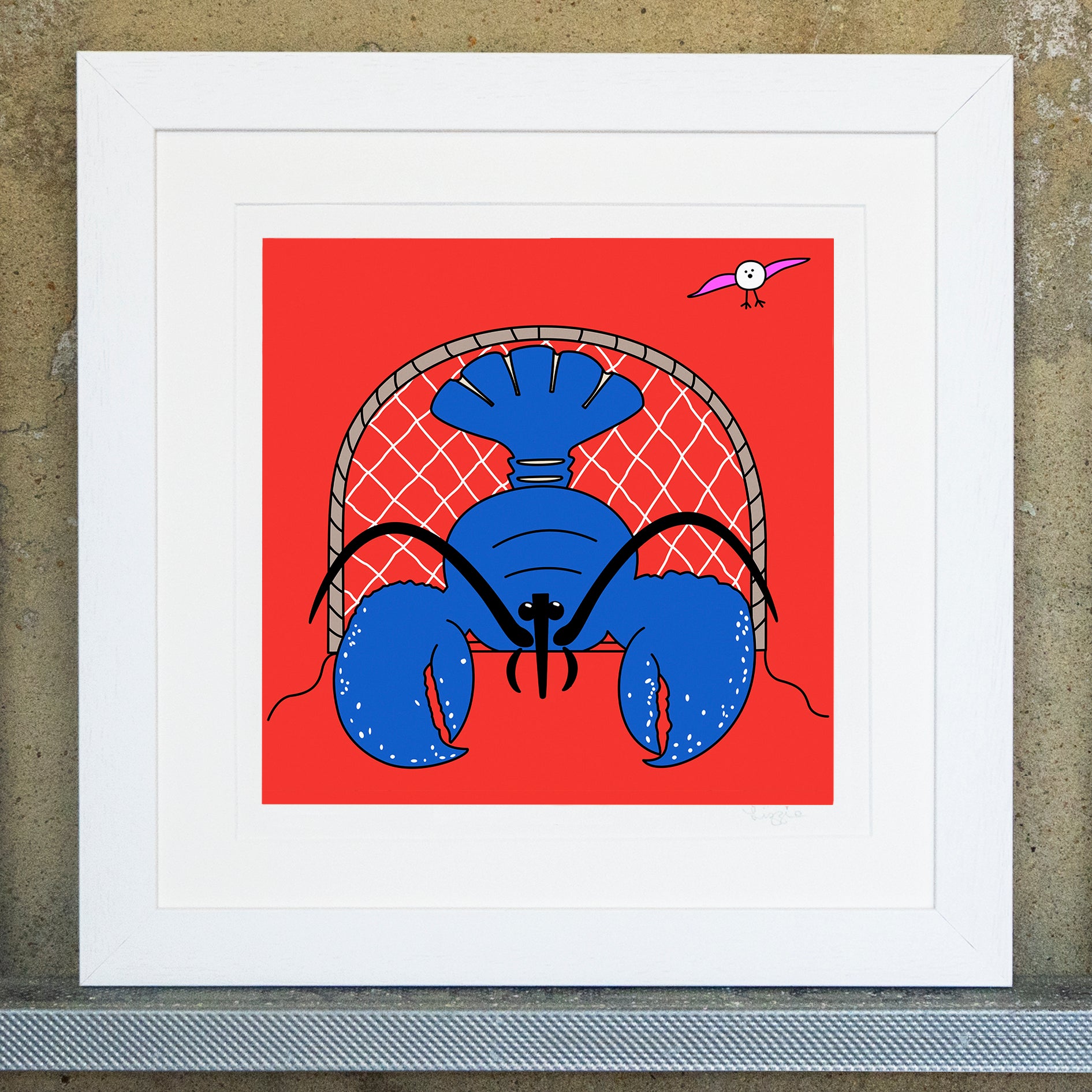 Giclee original artwork print in a white mounted frame. The print is called lompster. A blue lobster is facing forward in a lobster pot with a bright red background. In the top right corner is a pink winged seagull in flight.