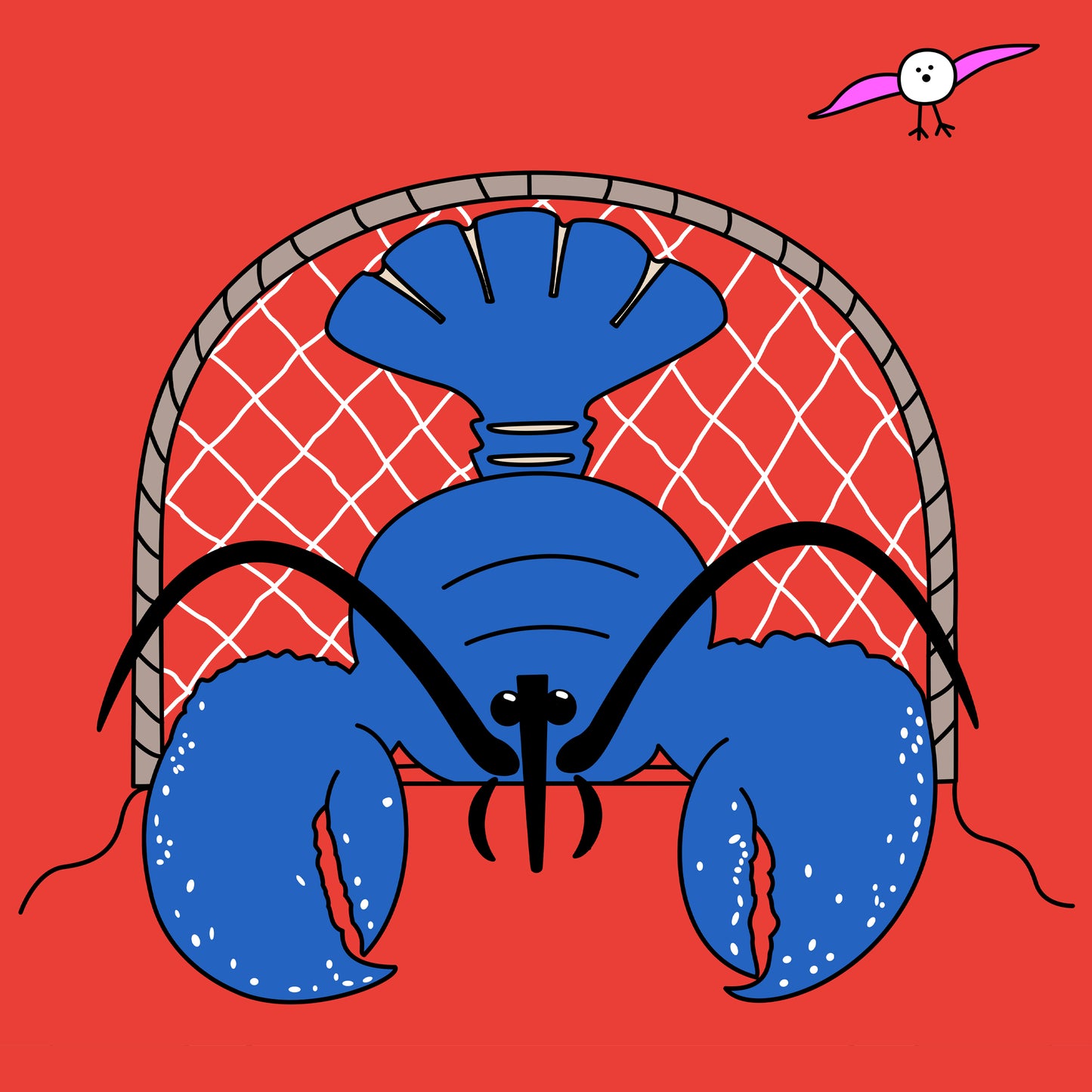 A blue lobster is facing forward in a lobster pot with a bright red background. In the top right corner is a pink winged seagull in flight.