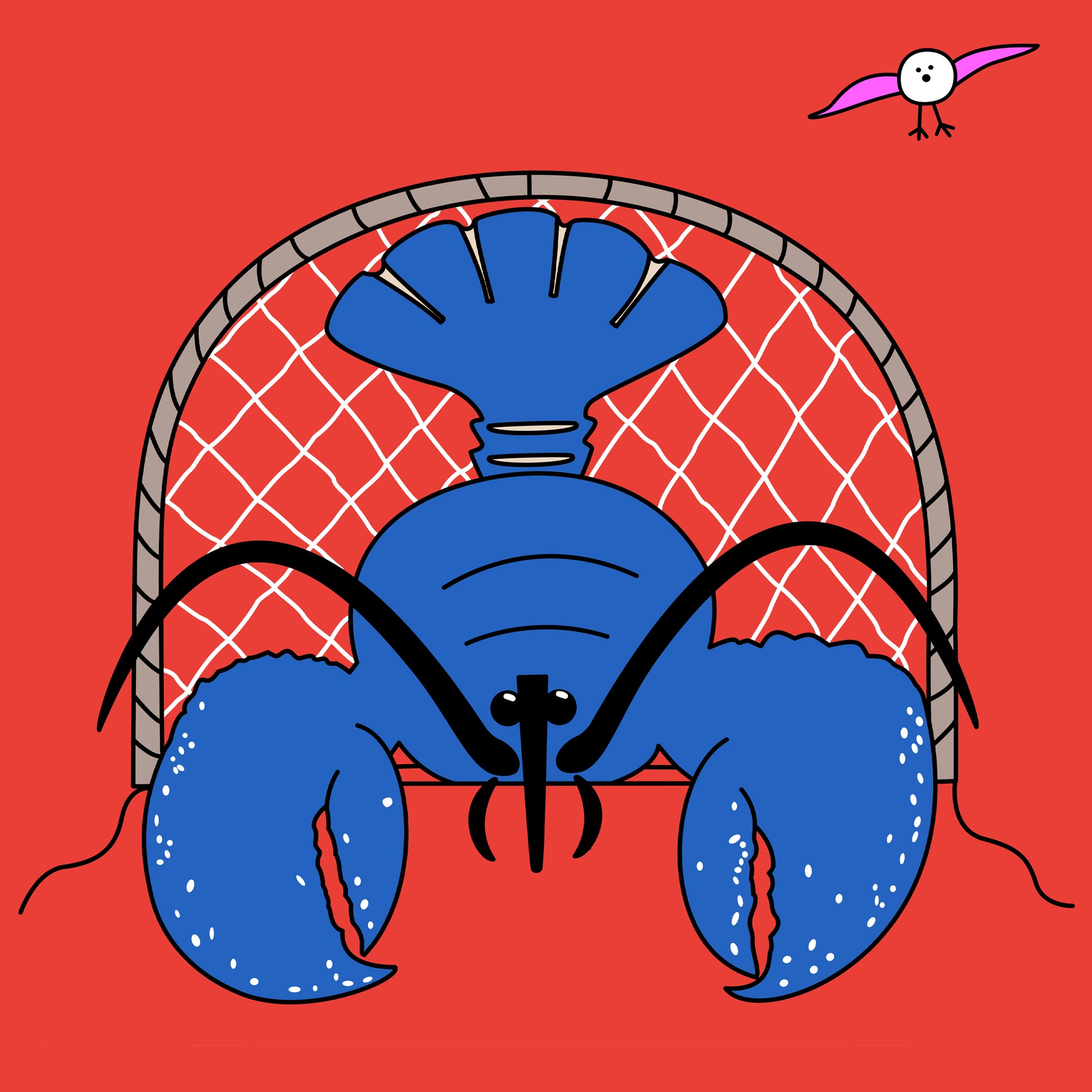 A blue lobster is facing forward in a lobster pot with a bright red background. In the top right corner is a pink winged seagull in flight.
