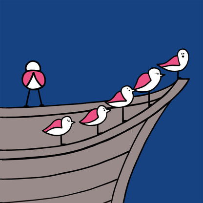 Six pink winged seagulls are perched on the edge of a wooden boat, one seagull is facing away from the others, one of the other seagulls has its mouth open white the other four are looking straight ahead. The print is called was it something i said. The sky and background is a midnight blue.