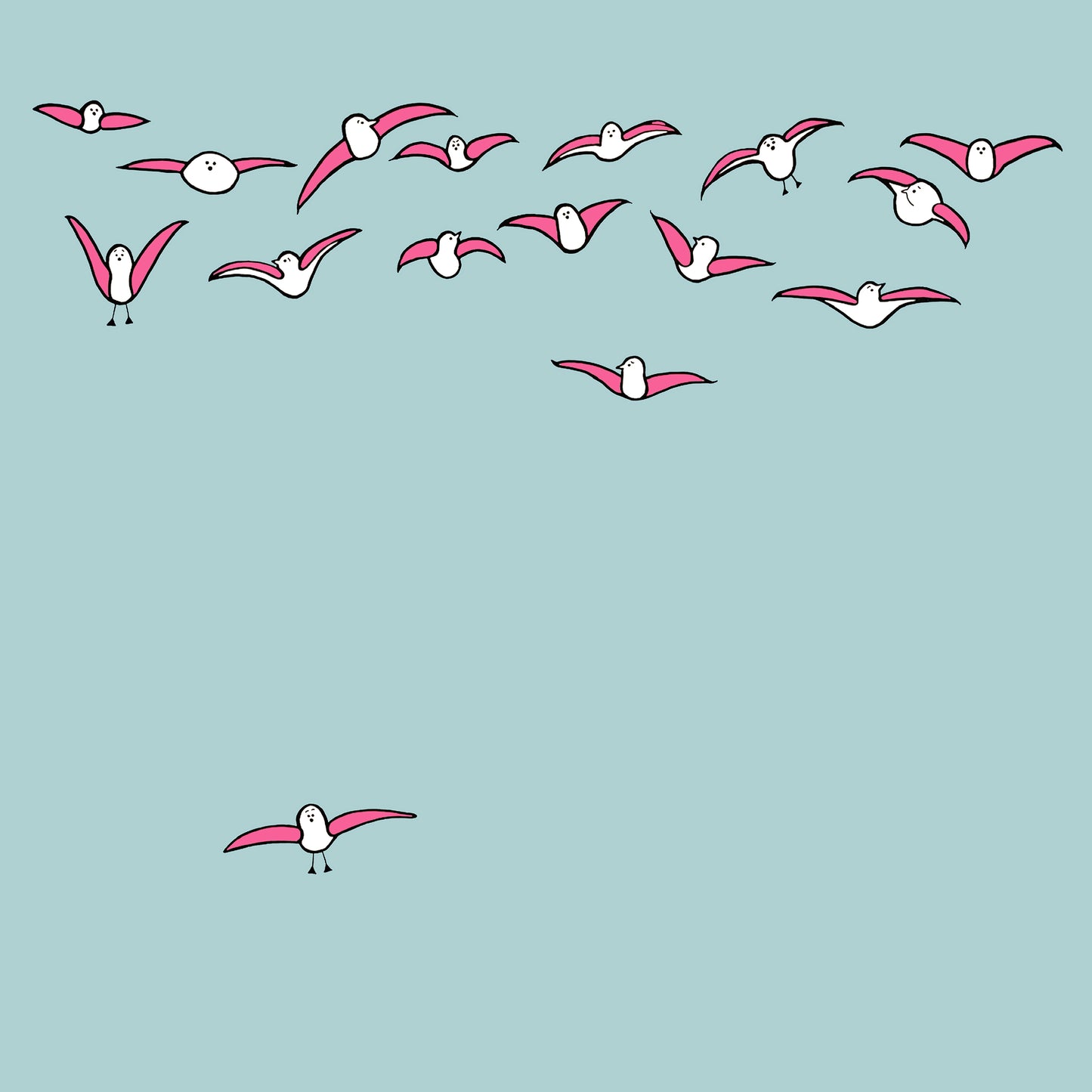 Detail of the original artwork print with a large group of pink winged seagulls flying in the sky with one pink seagull flying on its own at the bottom. The sky is a pale blue green